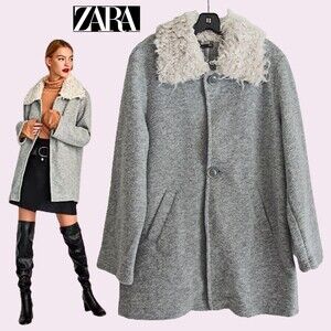 ZARA NEW Curly Long Sheep Faux Fur Collar Jacket Coat M